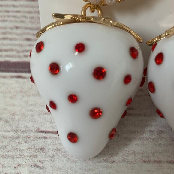 Betsey Johnson White Strawberry Earrings with Red Jewels and Faux Pearls - Picture 4 of 11